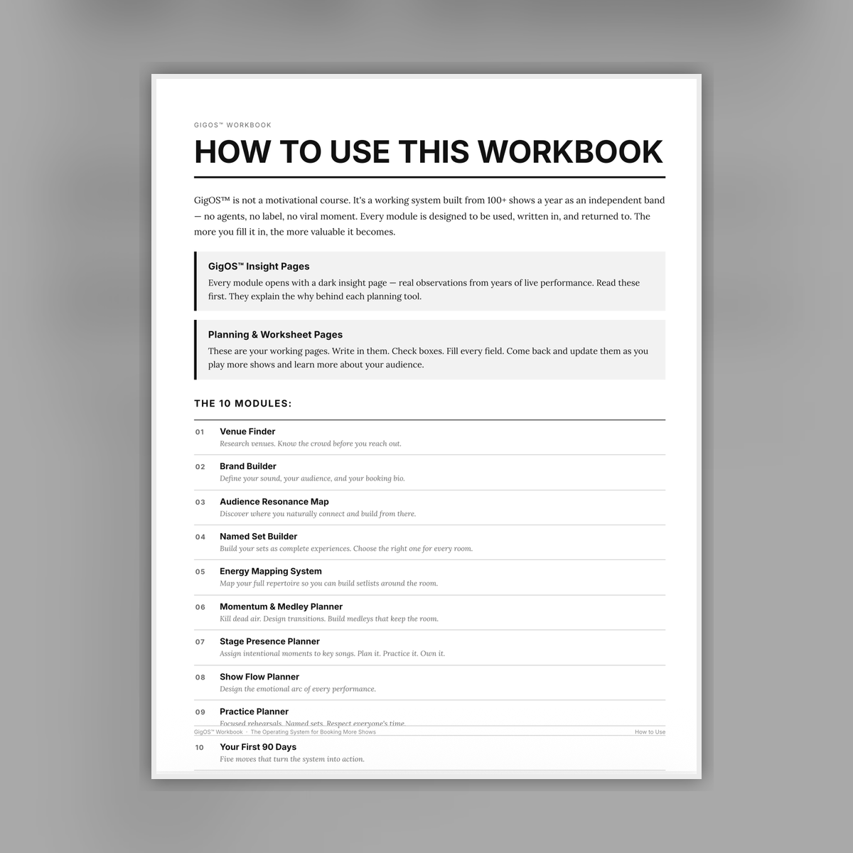 GigOS workbook how to use sample page