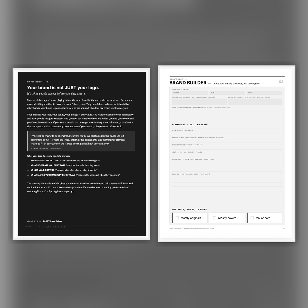 GigOS brand builder insight and worksheet sample pages