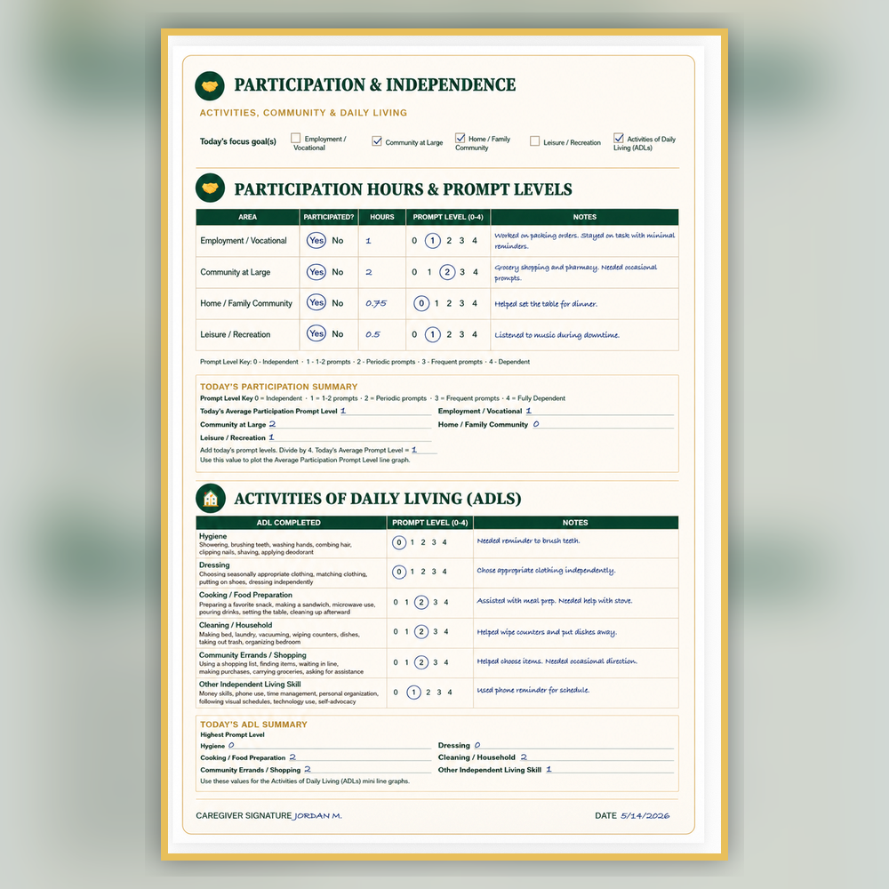 STAR Daily Caregiver Log participation and independence sample page
