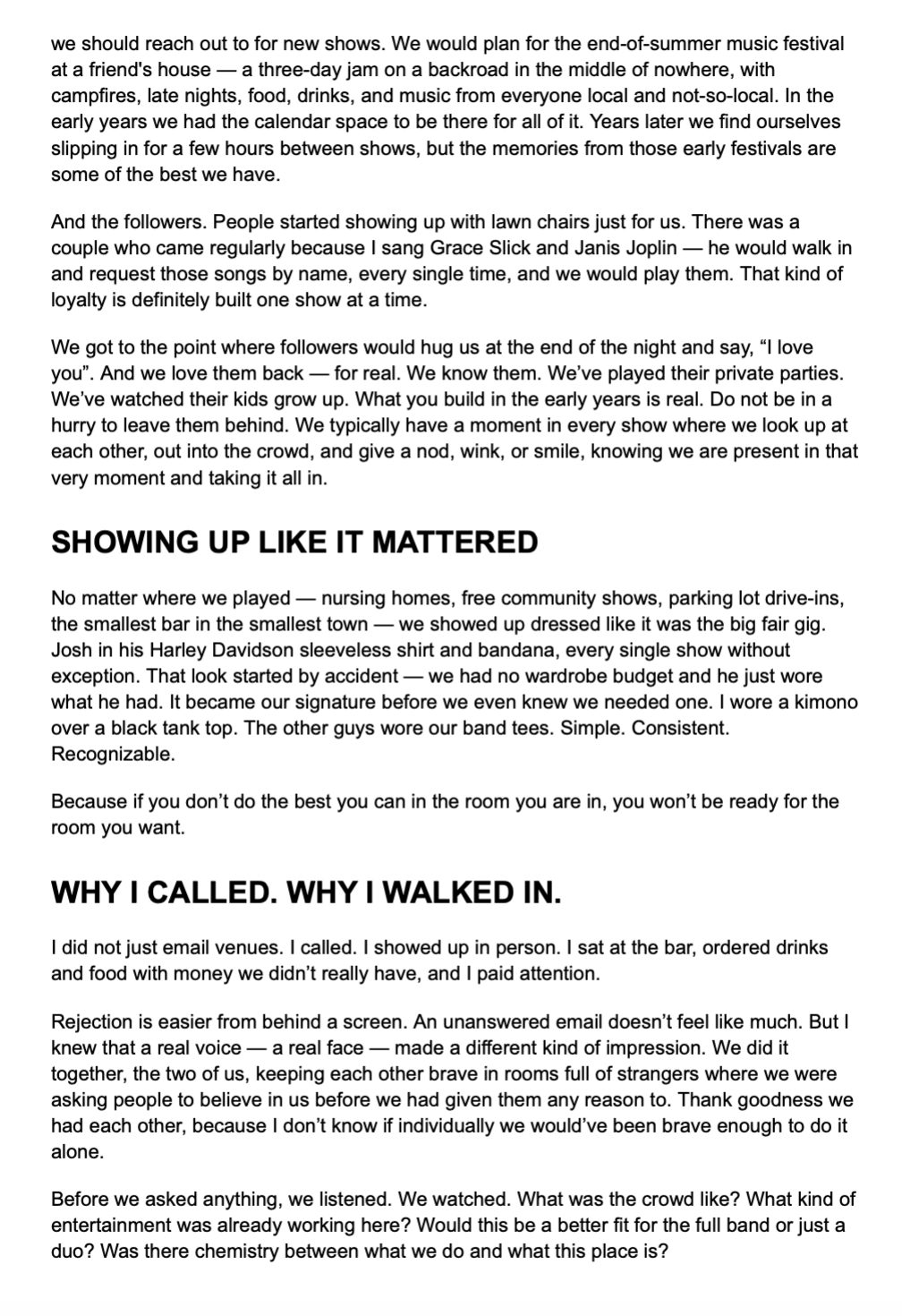 How Working Bands Work chapter sample page about the road that led there