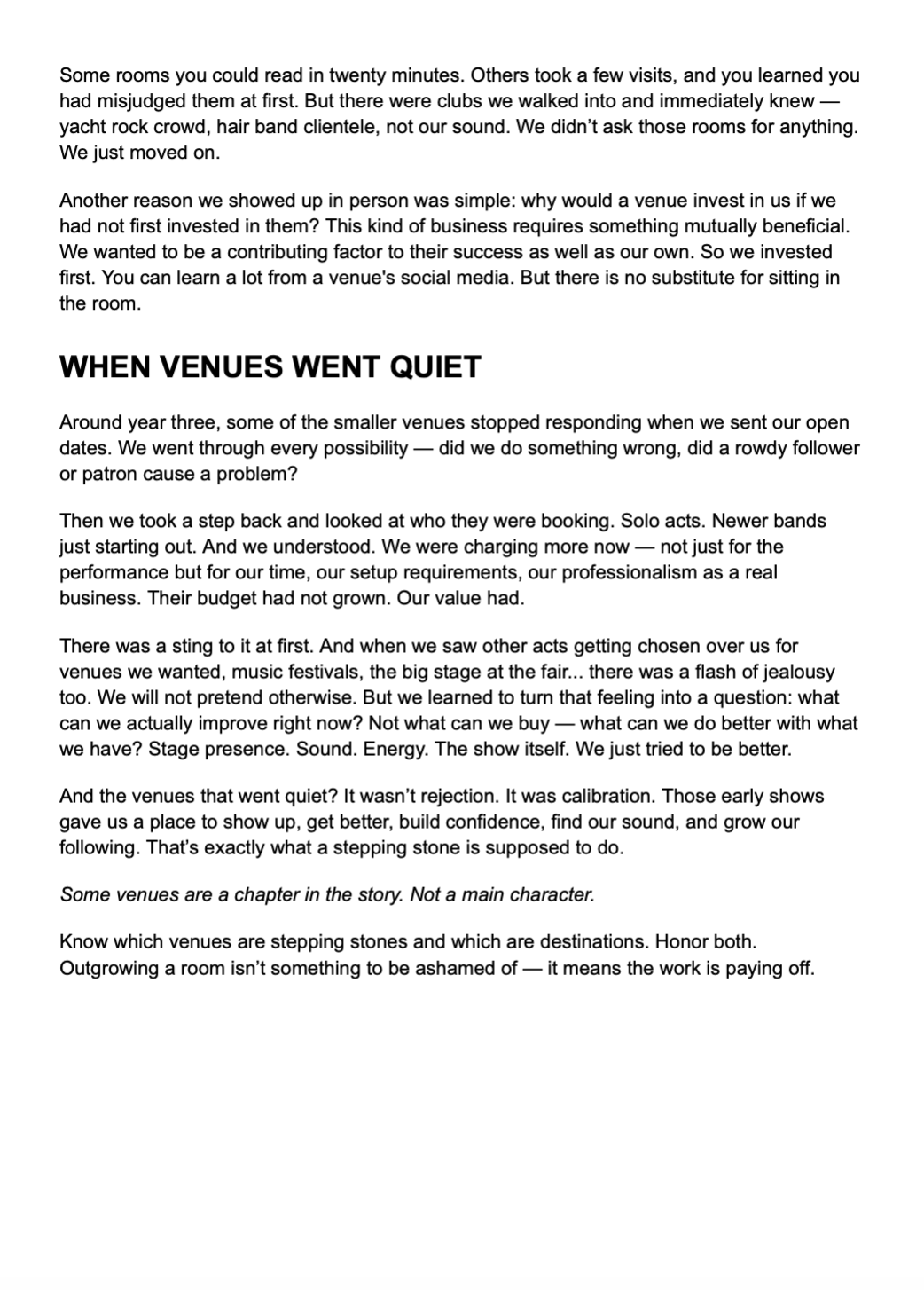 How Working Bands Work chapter sample page about when venues went quiet