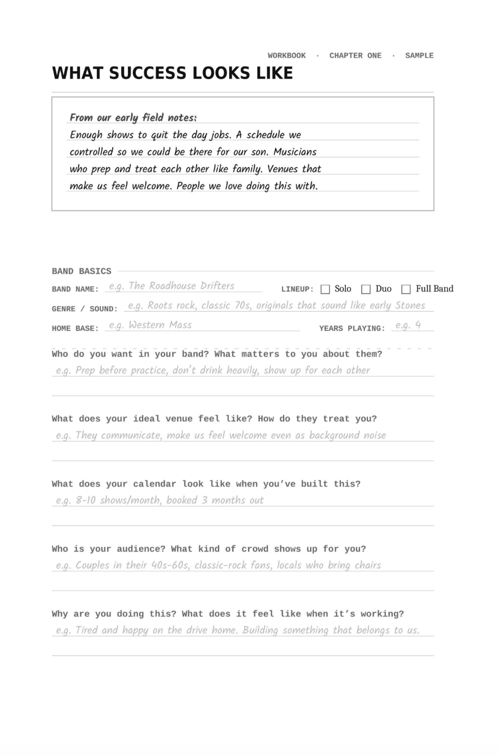 How Working Bands Work in-person visit planner worksheet