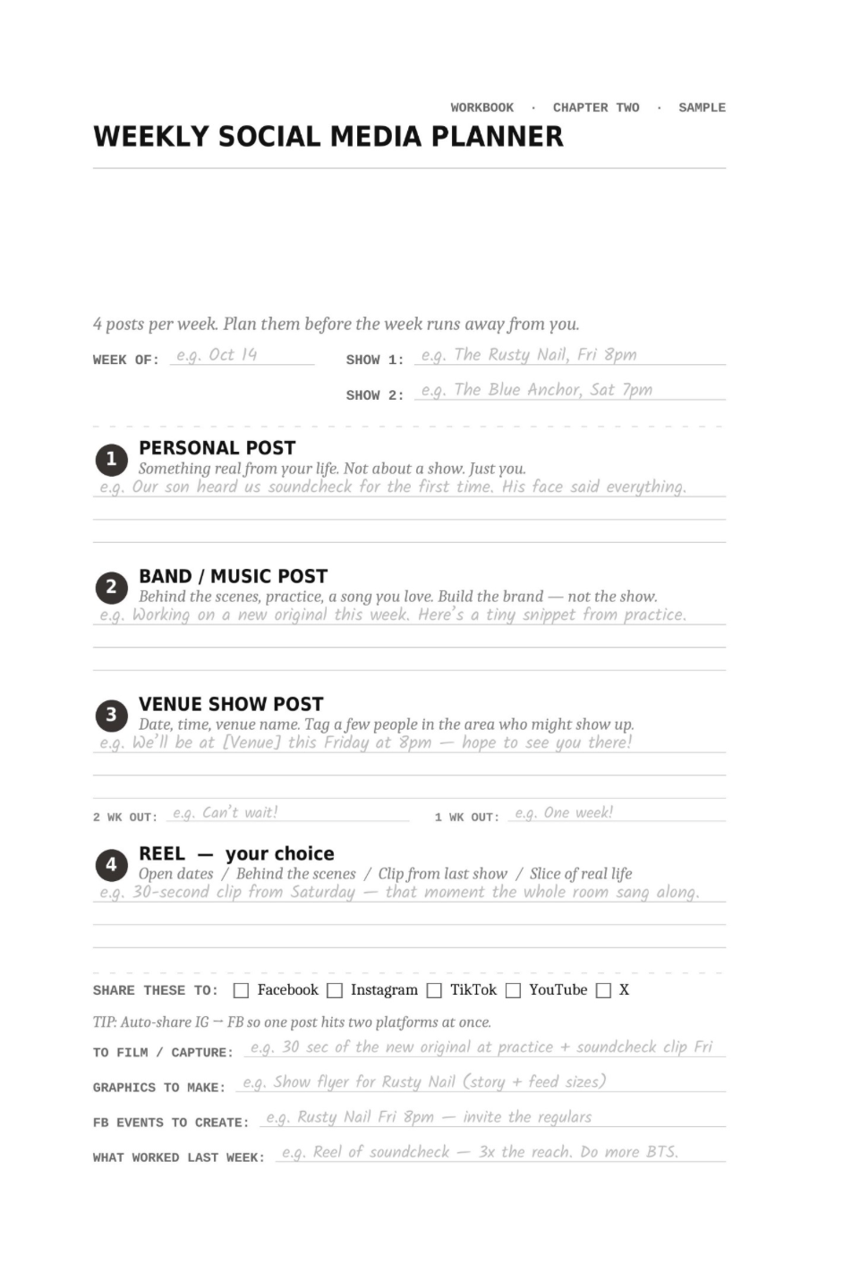 How Working Bands Work weekly social media planner worksheet